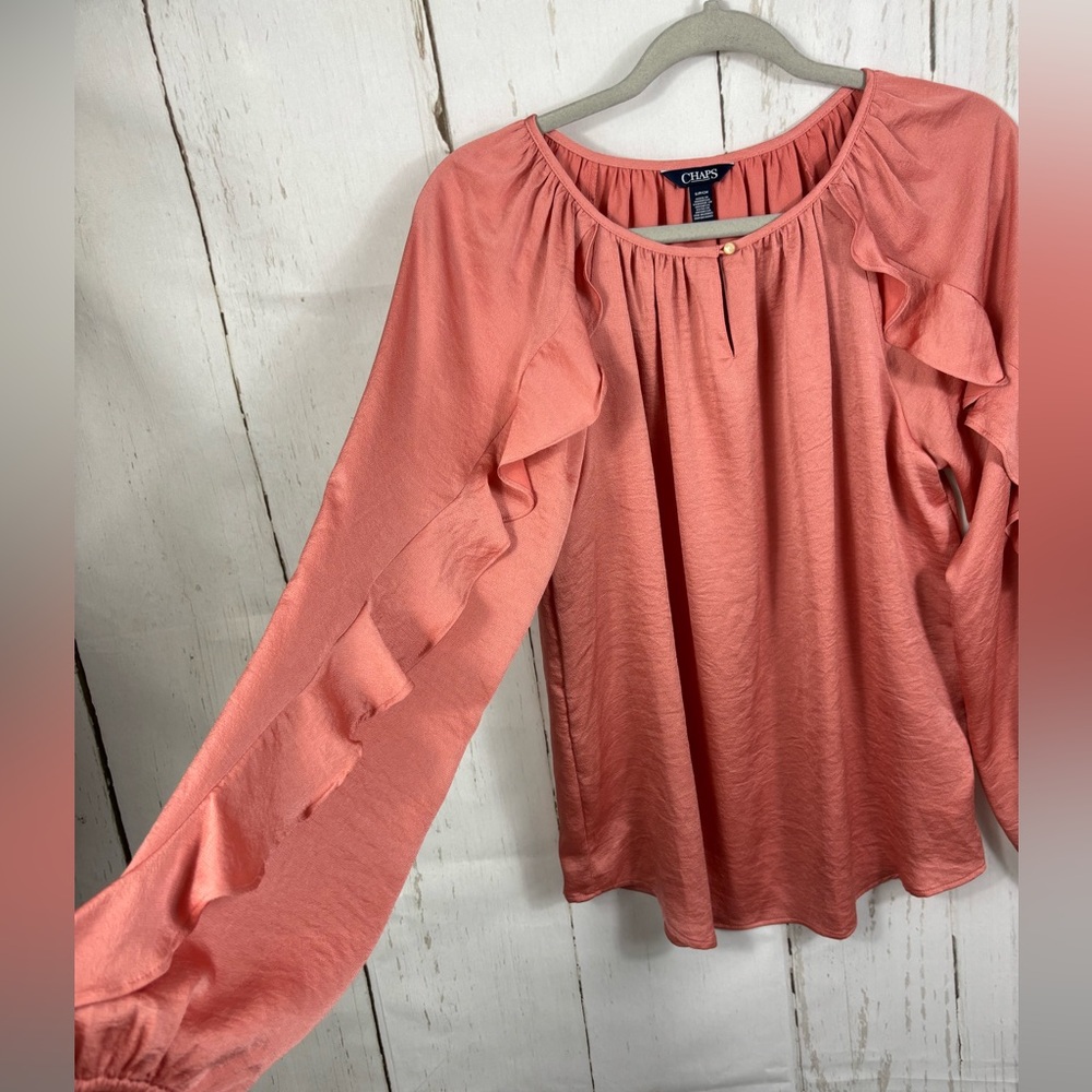‼️5/$25‼️ Chaps Women's Ruffle Hammered Satin Peasant Top Blouse - Picture 3 of 6